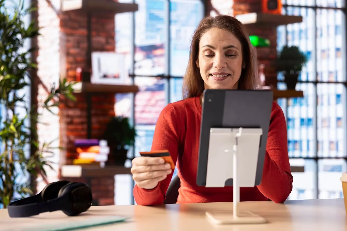 Дома взрослая женщина европеоидной внешности оплачивает заказ онлайн на своём планшете.